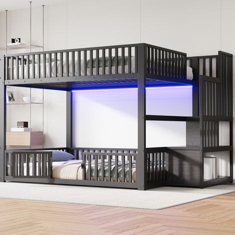 Etagenbett modern aus MDF und Metall in Schwarz 140x200 cm mit Stauraumleiter und LED
