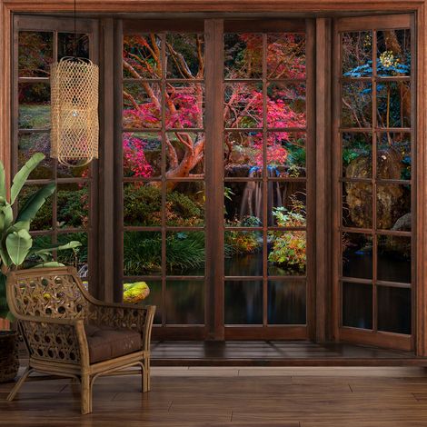 Papier peint panoramique Trompe l'oeil Fenêtre en bois - Jardin - 195 cm x 156 cm (1/5)
