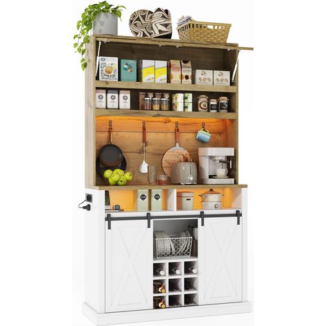 Colonne de Cuisine avec Vitrine, Porte Coulissante, Étagères et LED RGB, en MDF, Naturel Blanc, 110 x 40 x 191 cm (1/5)