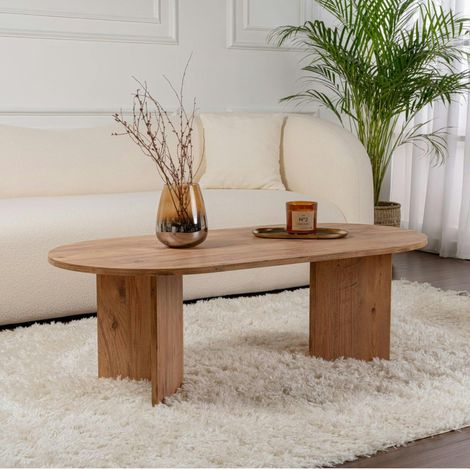 Table basse ovale effet bois de pin - pieds en V MARFA (1/5)