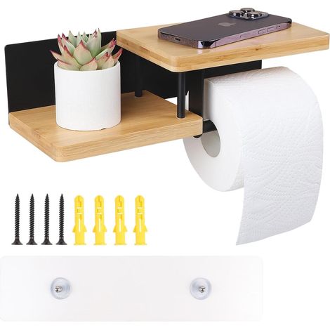 Porte Papier Toilette Mural en Bambou 31,5 × 12,5 × 8,5cm, Noir (1/5)