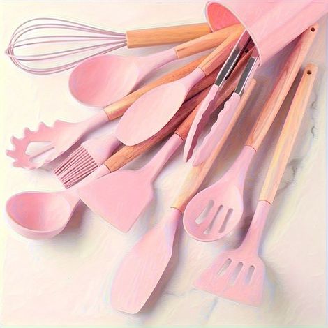 Set d'ustensiles antiadhésifs : 12 pièces d'ustensiles de cuisine en silicone avec manches en bois - Sûrs, faciles à nettoyer, parfaits pour cuisiner et pâtisser, poids 600 g (1/4)