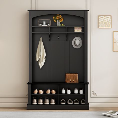 Ensemble de meubles d'entrée - Banc vestiaire 3 crochets - Étagère à chaussures intégrée - Rangement ouvert - Noir H190xL120xP40 (1/5)