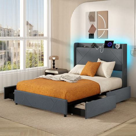 Lit 140x200 Éclairage LED&Multiprise USB-C &USB-A 4 Tiroirs 2 Poches de Rangement Cadre de Lit avec Sommier à Latte Tête de Lit de Rangement (1/3)