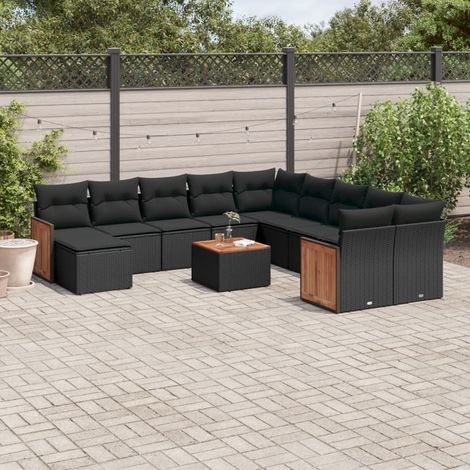 Ensemble Salon Jardin 12 pièces Noir Résine Tressée avec Coussins - Modular Design et Table Acacia - 2 Canapés avec Accoudoirs, 2 Sièges d'Angle, 6 Sièges Centraux (1/5)