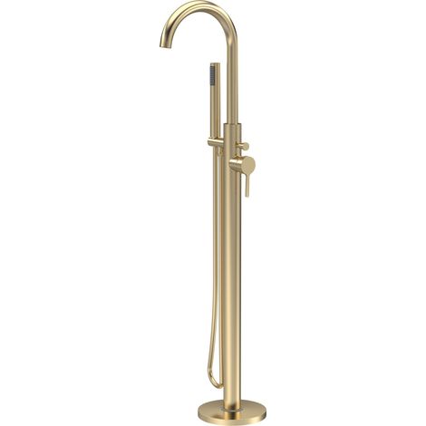 Balterley Levedale Floor Standing Bath Shower Mixer Tap with High Curved Spout & Shower Kit - Brushed Brass Finish