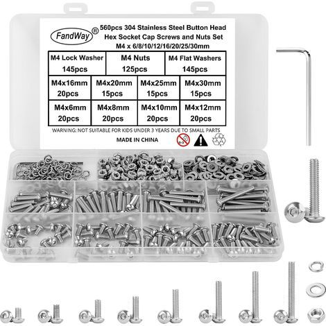 560 Pièces Vis Boulon et écrous Rondelles M4,Vis à Six Pans Creux,Vis à Métaux Tête Bombée Hexagonale,Boulon a Tête Cylindrique en Acier Inoxydable 304,Avec 1 Clés Hexagonales. (1/5)