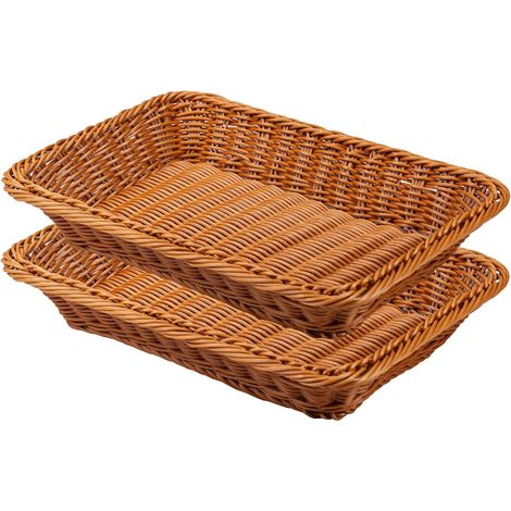 Panier à pain rectangulaire en résine tressée (2 pièces), 35 x 25 x 7 cm, pour la cuisine, le restaurant ou les magasins (marron). (1/5)