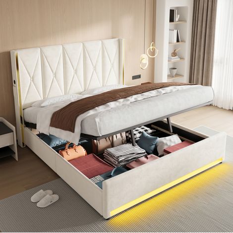 letto contenitore 180x200 USB LED velluto beige OKMYHOME (1/5)