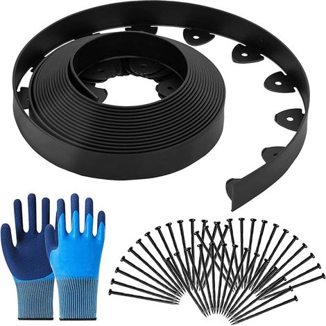 Bordure de Pelouse Plastique avec Piquets d'ancrage et Paire de Gants, Hauteur 5 CM, Bordure Jardin Exterieur de Parterre, Pavés, Palissade (Noir-15M) (1/5)