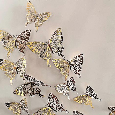 Lot de 12 stickers muraux papillons creux en métal 3D, style stéréo, couleur or (HB010 ZS-YXT1272) (1/5)