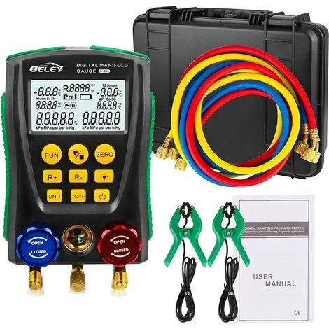 R32 R410a Digital Refrigerant Pressure Gauge with Two Temperature Clamps, Air Conditioning Dual Valve Manometer Control with 93 Types of Refrigerants, for Diagnosis and Refrigeration Maintenance (1/5)