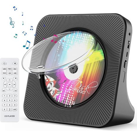 Lecteur CD de Bureau avec Bluetooth Lecteur CD Mural Haut-parleurs HiFi Intégrés Portables avec écran LED Audio Domestique Boombox Radio FM USB Type-c Lecteur(Noir)
