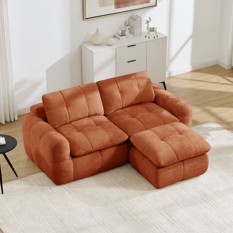 Canapé d'angle modulable 2 places sans structure, motif matelassé à carreaux, revêtement en chenille, base antidérapante, montage facile, avec 1 pouf inclus, idéal pour les salons et appartements, ora (1/4)
