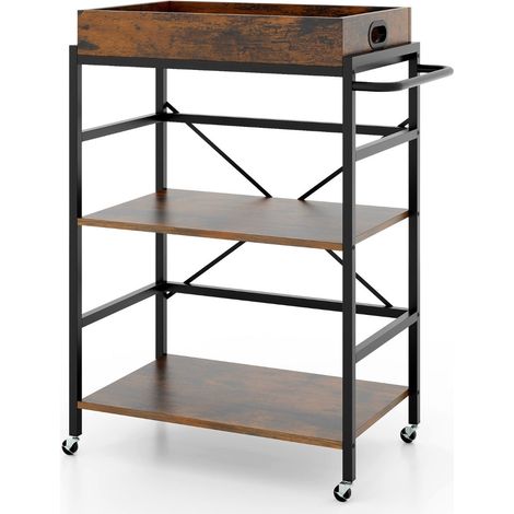 Carrito de servicio 73 x 40 x 94 cm con bandeja extraíble de 3 niveles acabado veta de madera rústica estructura de metal negro 200011321