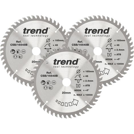 Lames de scie circulaire bois, 165 mm, 20 mm, 48 dents, x3 (1/5)