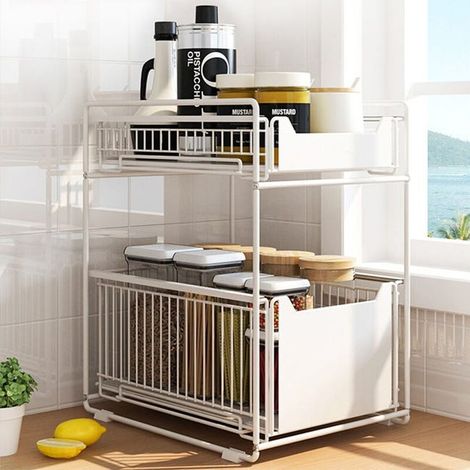 Étagère de Rangement sous Évier 2 Niveaux, Support avec Tiroir Coulissant pour Cuisine et Salle de Bains, Organisateur Robuste (1/4)