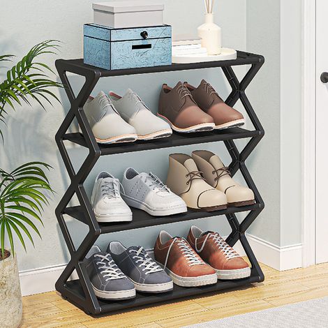 Tragbarer, 4-stöckiger Schuh-Organizer aus schwarzem Kunststoff – faltbarer Ständer (1/5)