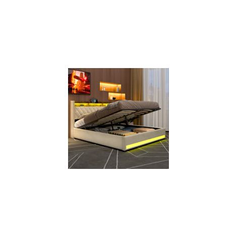 REDOM Letto contenitore 180x200 cm con LED, porte USB e prese, testiera con mensola, rete a doghe, velluto beige (Senza materasso)