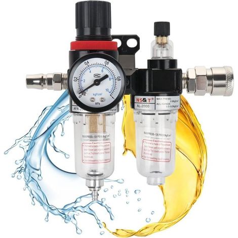 1/4 Filtre Régulateur Air Comprimé, Réducteur de Pression Air Comprimé, Séparateur d'Eau à Air Comprimé,Regulateur de Pression d Air Compresseur avec Manomètre pour Compresseur et Outils d'A