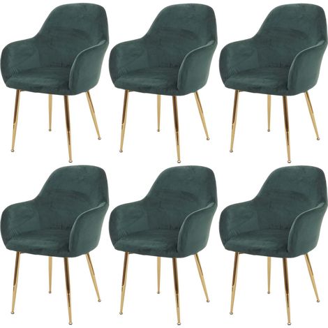 6er-Set Esszimmerstuhl HHG-240, Stuhl Küchenstuhl, Retro Design Samt grün, goldene Beine