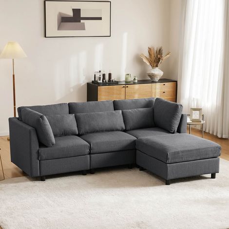 Canapé d'angle en L moderne 220 x 83 x 81 cm Canapé 3 places rembourré avec repose-pieds et Trois coussins Lin Gris
