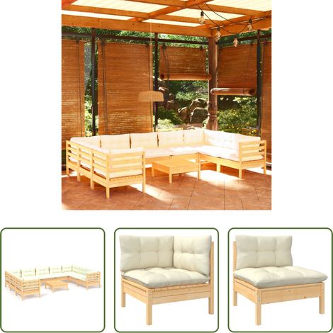 vidaXL Terrassenmöbel -  10-tlg. Garten-Lounge-Set mit Creme Kissen Kiefernholz (1/5)