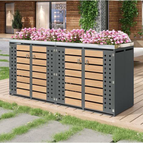 Abri pour poubelles 4 compartiments avec bac à plantes 4 portes en acier galvanisé gris et aspect bois verrouillable (1/5)