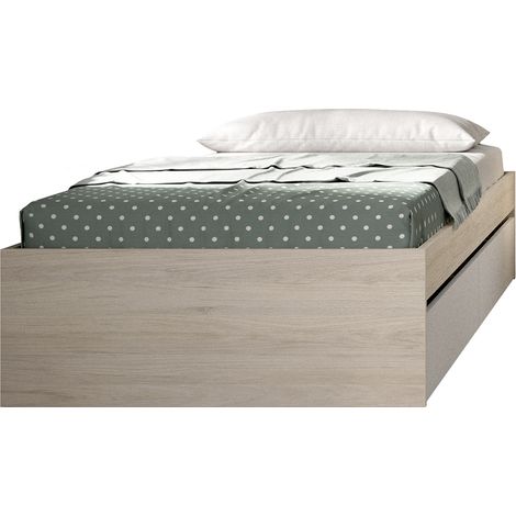 Structure de lit , couchage 90 x 190 cm en bois avec 2 tiroirs blanc, chêne naturel - Longueur 195 x Profondeur 95 x Hauteur 40 cm (1/4)