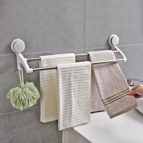 1 x Porte-serviettes double couche, rail mural en acier inoxydable avec ventouses, salle de bain (1/4)