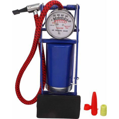 Pompe à pied mono-cylindre avec manomètre pour gonfler pneus, ballons, bateaux en caoutchouc et matelas pneumatiques - Bleu (1/5)