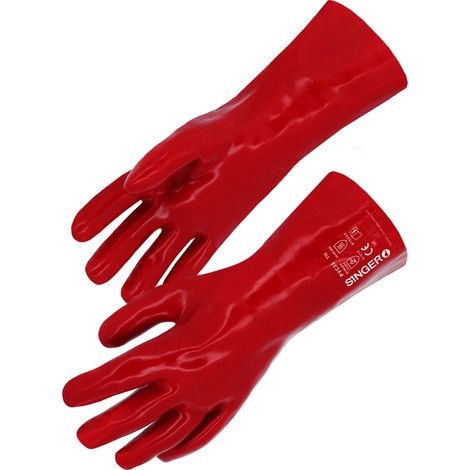 Lot 10 Paires Gants de Travail PVC Rouge Singer T10 - Support Coton Interlock - Protection Chimique, Huileux et Humide (1/2)