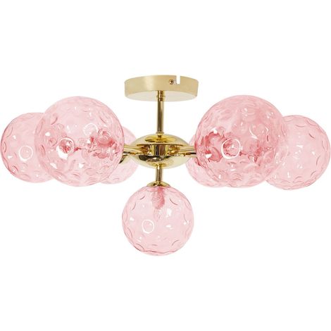 Beliani – Plafonnier LED moderne 7 lumières – Abat-jour en verre rose et métal doré – Dimensions 52x52x28cm – Tension 230V