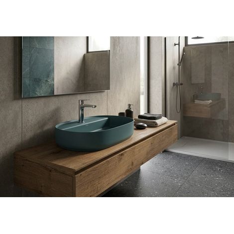 Lavabo ovale da appoggio senza troppo pieno in ceramica con foro rubinetto - Verde Petrolio Opaco