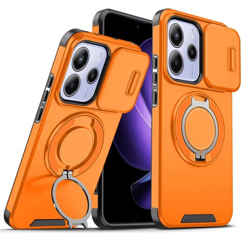 pour Coque Xiaomi Redmi Note 14 5G avec Protection de Caméra Coulissante Antichoc Étui avec Magnétique Anneau Support Rotatif à 360 degrés Case Housse (Orange) (1/5)