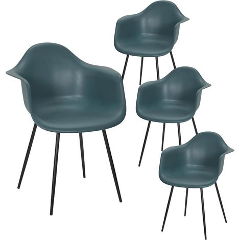 OMER - Lot de 4 Chaises Coque Accoudoirs Bleues Piètement Métal (1/5)
