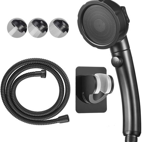 Pommeau de douche sous pression, tuyau antidéflagrant en acier inoxydable de 1,5 m et support Noir (1/5)