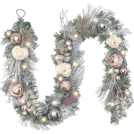 183 cm Guirlande Artificielle de Noël Illuminée avec Boules de Noël et Rose Blanc, Guirlande de Sapin Artificielle à Piles 20 lumières LED pour Cheminée Porte d'Entrée (1/5)