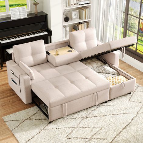 Modernes L-Sofa, modulares Schlafsofa, ausziehbares Schlafsofa mit Schlaffunktion, ausgestattet mit Stauraum, herunterziehbarem Getränkehalter, geeignet für Wohnzimmer usw. [Old sku:N653P2431A]