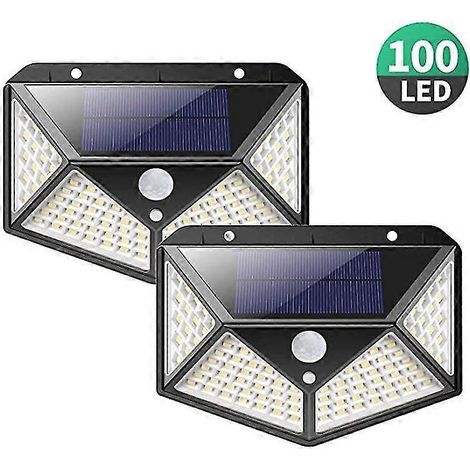 Lot de 2 lampes solaires d'extérieur puissantes, 100 LED, 2200 mAh, étanches, avec 270 lampes solaires et 180 projecteurs solaires à détecteur de mouvement. Applique murale solaire. (1/5)