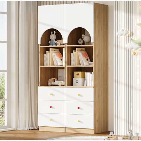 MODFU – Set de 2 librerías 100x50x200 cm de MDF con 3 cajones, 3 estantes, puertas antipolvo y carga 15/10 kg – Blanco/madera (1/5)