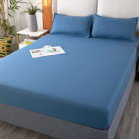 Housse de Matelas 150x200 cm en Coton Lavé, Drap-Housse avec Élastique pour Matelas Fin, Protège-Matelas Bleu Marine (1/2)