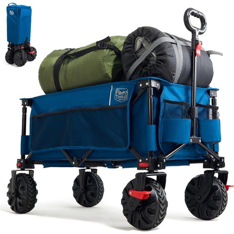 XXL Chariot de Plage Pliable Roues Tout Terrain avec Frein Chariot camping pliable Roues amovibles, poignée réglable et poche latérale, pour camping, plage, jardin et pique-nique (1/5)