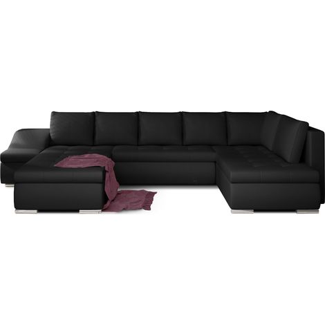 Canapé panoramique convertible JONAZ simili cuir - Rangement integré A gauche-Noir-Méridienne A gauche (1/5)