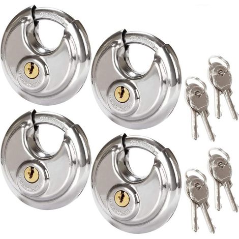 Juego de 4 candados de seguridad redondos, candado redondo de acero inoxidable de 70 mm, candado de disco resistente a la corrosión para cobertizos, garajes y remolques - Crezuo