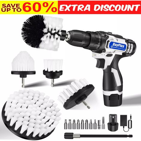 Drill Cleaning Brush Set Power Drill Attachment Grout Tile Cleaner Scrub Cleaner 2xBattery (1/5)