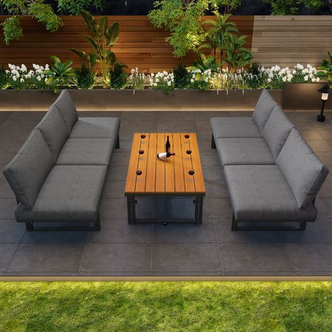 Garten-Lounge-Set aus Akazienholz, 3-teiliges Set, 2 Sofas + 1 Tisch, pulverbeschichteter Eisenrahmen, verstellbare Rückenlehne + Tisch, Grau