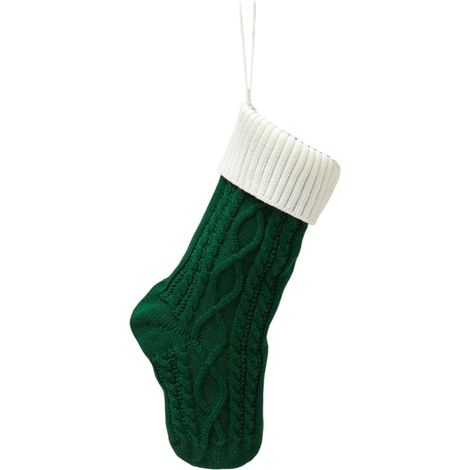 Chaussette De Noël - Tricotée En Polyester - 46 X 18 Cm - Avec Revers Blanc - Pour Cheminée Ou Décoration Intérieure - Vert - 1 Pièce (1/5)