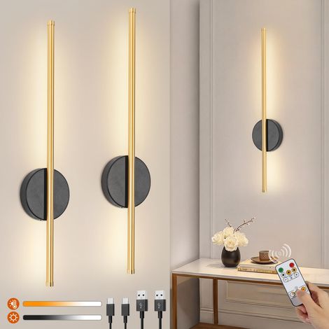 Lot de 2 Applique Murale Intérieure, Lampe Murale Sans Fil, Or Noir Applique Rechargeable USB avec Telecommande, 3 Températures de Couleur & Dimmable, Minuterie, pour Chambre, Salon (1/5)