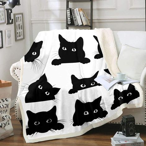 Couverture imprimée chat noir pour enfants, filles, motif chats, en flanelle polaire, douce et câline, 130 x 150 cm, idéale pour canapé, lit ou sofa. Noir et blanc.